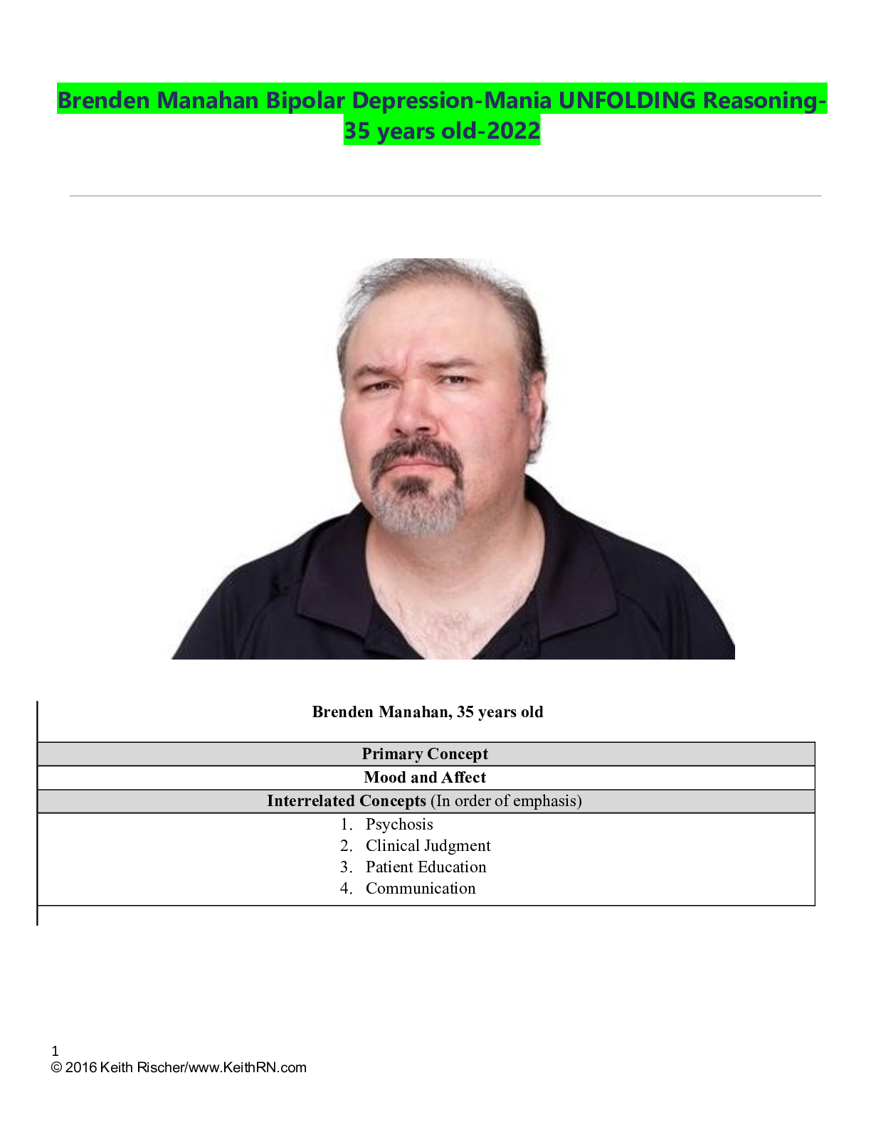 Preview of Brenden Manahan Bipolar Depression-Mania UNFOLDING Reasoning-35 years old-2022